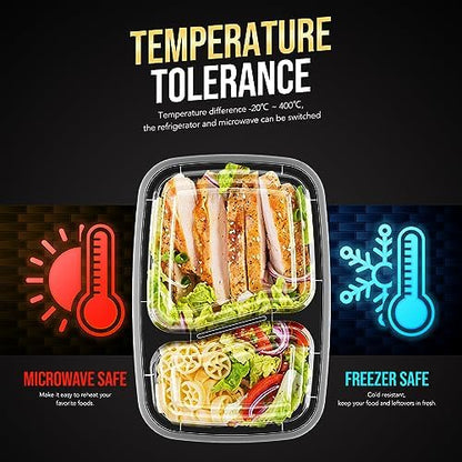 Glotoch 50 Pack 32oz 2 Compartment Meal Prep Container Microwave Safe, Food Prep Containers With Lids For Lunch/Deli/Takeout/Leftover, BPA-Free Freezer & Dishwasher Safe, Black