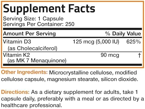 Bronson Vitamin K2 (MK7) with D3 Supplement Non-GMO Formula 5000 IU Vitamin D3 & 90 mcg K2 MK-7 Easy to Swallow D & K Complex, 250 Capsules