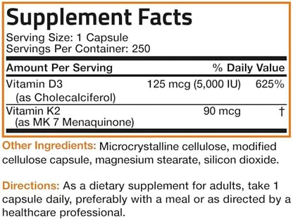 Bronson Vitamin K2 (MK7) with D3 Supplement Non-GMO Formula 5000 IU Vitamin D3 & 90 mcg K2 MK-7 Easy to Swallow D & K Complex, 250 Capsules
