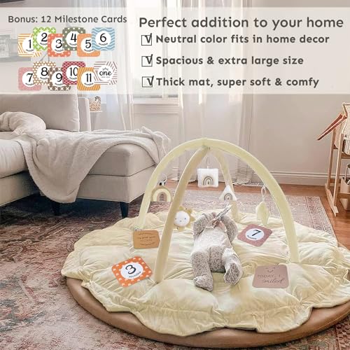 5-in-1 Thick & Plush Baby Play Gym, Baby Play Mats for Floor, Tummy Time Mat with 6 Toys, Cat Bed, Dog Bed, Convertible Stage-Based Developmental from Babies to Toddler, Ball Pit, Pet Cushion, Brown