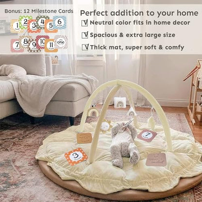 5-in-1 Thick & Plush Baby Play Gym, Baby Play Mats for Floor, Tummy Time Mat with 6 Toys, Cat Bed, Dog Bed, Convertible Stage-Based Developmental from Babies to Toddler, Ball Pit, Pet Cushion, Brown