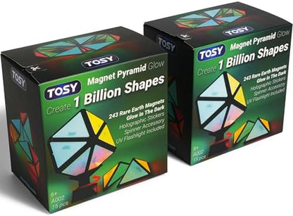 TOSY Magnet Pyramid Glow - 1 Cube Transforms into 1 Billion Shapes, 12 Pieces, 243 Rare Earth Magnets, Glowing, Holographic Design Magnet Tiles Creative Puzzle STEM/STEAM Toy, 2-Pack