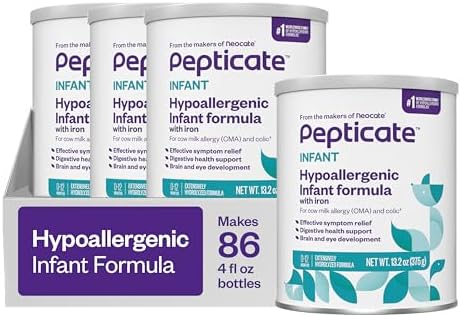 Pepticate Baby Formula, Hypoallergenic Powdered Infant Formula for Cow Milk Allergy, with Omega 3 DHA, ARA, Iron & Prebiotics, 13.2oz (Pack of 4)