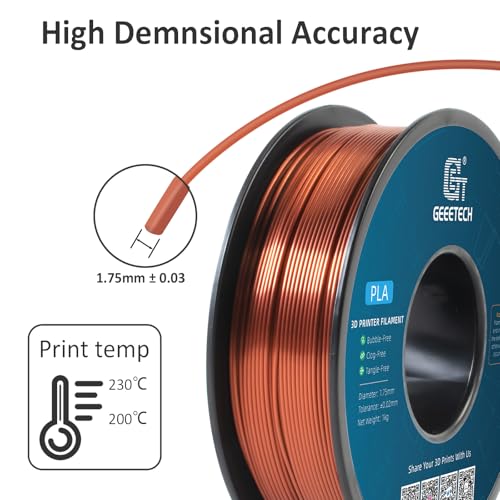 Geeetech Silk PLA Filament 1.75mm for 3D Printer, Metal-Like Shiny 3D Filament 1kg (2.2lbs) 1 Spool, Dimensional Accuracy +/- 0.02 mm, Metallic Copper Silk Filament