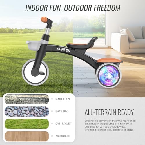 SEREED Colorful Lighting Toddler Tricycle for 2-5 Years Old Boys, Adjustable Seat&Handlebar Trike, Removable Basket, Birthday Gift Idea for Kids Ages 2+ (Black)