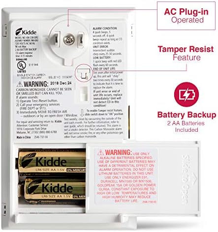 Kidde Carbon Monoxide Detector, Plug in Wall with AA Battery Backup, Test-Hush Button