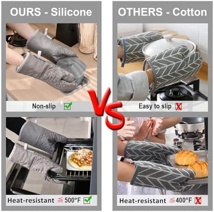 KEGOUU Oven Mitts and Pot Holders 6pcs Set, Kitchen Oven Glove High Heat Resistant 500 Degree Extra Long Oven Mitts and Potholder with Non-Slip Silicone Surface for Cooking (Grey)