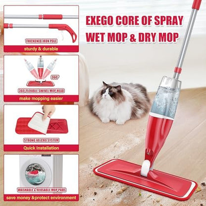 Spray Wet Mops for Hardwood Floor Cleaning: EXEGO Microfiber Dry Dust Spray Mop with 3 Washable Pads fit for Swiffer PowerMop - Wet Jet Mop Flat Floor Mops with Sprayer for Wood Laminate Ceramic Tiles