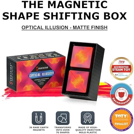 SHASHIBO Shape Shifting Box - Award-Winning, Patented Fidget Cube w/ 36 Rare Earth Magnets - Transforms Into Over 70 Shapes, Gift Box, Download Fun in Motion Toys Mobile App (Optical Illusion, 2 pack)