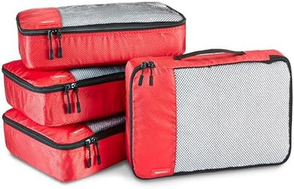 Amazon Basics Medium Packing Cubes for Travel, Packing Organizers, 4-Piece-Set With Double Zipper Pulls and Mesh Top Panel, 100% Durable Polyester, Red, 13.8"L x 9.8"W x 3"H