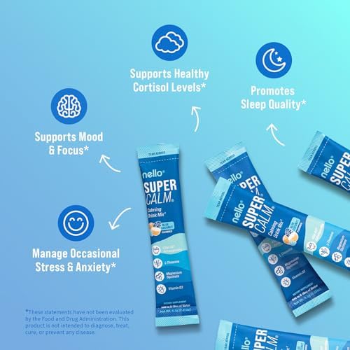 Supercalm Powdered Drink Mix, Blue Coconut, L Theanine, Ksm-66 Ashwagandha, Magnesium Glycinate, Vitamin D 3, Supplements for Relaxation & Focus, No Sugar, Non GMO, On The Go, 20 Srvgs