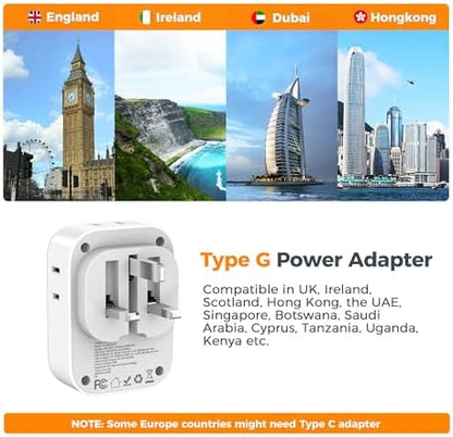 UK Adapters for Travel, TESSAN US to UK Ireland Plug Adapter 20W, Foldable Power Adaptor with 4 Outlets 3 USB(PD 20W 1 USB C) Charger, Type G for USA to Scotland London England HongKong Dubai Irish