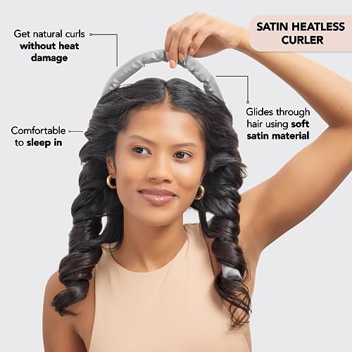 Kitsch Satin Heatless Curling Set – Heatless Hair Curler for Women, Hair Curler to Sleep In - with 2 Satin Scrunchies for Overnight Curls – No Heat Damage Styling with Heatless Curler - Silver