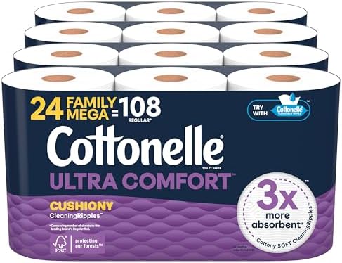 Cottonelle Ultra Comfort Toilet Paper with Cushiony CleaningRipples Texture, Strong Bath Tissue, 24 Family Mega Rolls = 108 Regular Rolls (4 Packs of 6)