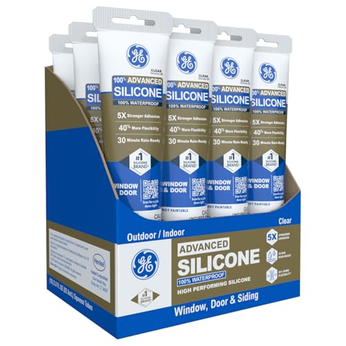 GE Advanced Silicone Caulk for Window & Door, Clear, 2.8 fl oz Tube, 12 Pack - 100% Waterproof Silicone Sealant, 5X Stronger Adhesion, Freeze & Sun Proof