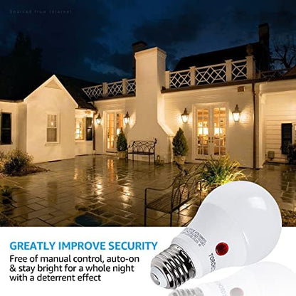 TORCHSTAR Dusk to Dawn Light Bulbs Outdoor, Sensor A19 LED Light Bulb, Auto on/Off Photocell Automatic for Outdoor Lighting, 2700K, Pack of 4