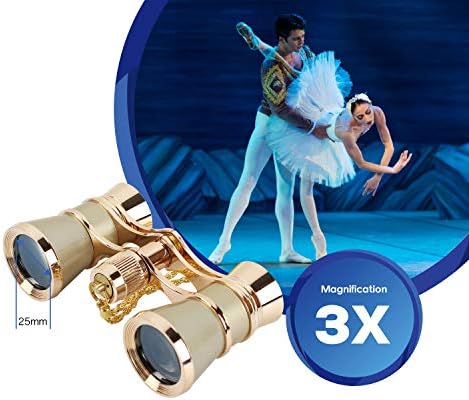 Aomekie Opera Glasses Binoculars 3X25 Theater Glasses Mini Binocular Compact with Chain for Adults Women in Musical Concert（Gold）