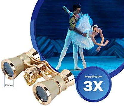 Aomekie Opera Glasses Binoculars 3X25 Theater Glasses Mini Binocular Compact with Chain for Adults Women in Musical Concert（Gold）