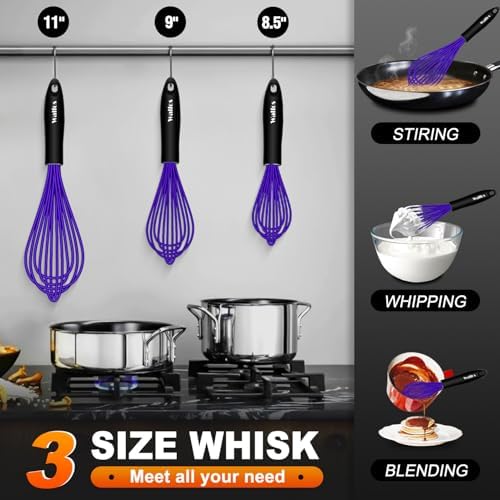 Walfos Whisk,7+9+11in Silicone Whisks for Cooking Non Scatch,Kitchen Whisk,BPA Free and Heat Resistant 480°F,Wisk Perfect for Frothing,Blending,Beating.Dishwasher Safe 3pcs Dark Purple