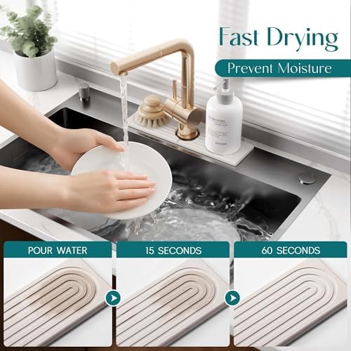 Diatomite Kitchen Faucet Mat - 14Inch Water Absorbing Stone Tray for Sink, Stone Fast-Drying Faucet Mat for Kitchen Counter Sink Accessories [Light Grey, 14'' x 3.9'']