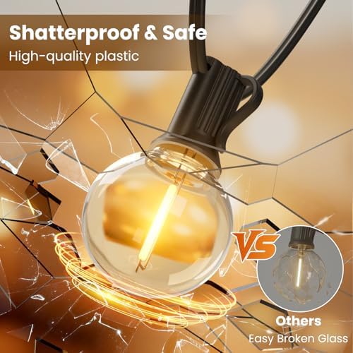 RTTY Outdoor String Lights 50ft, G40 Led Patio Globe Lights with 26pcs Plastic Bulbs, Shatterproof Waterproof Connectable Hanging for Porch Cafe Bistro Backyard Gazebo Balcony Deck Party