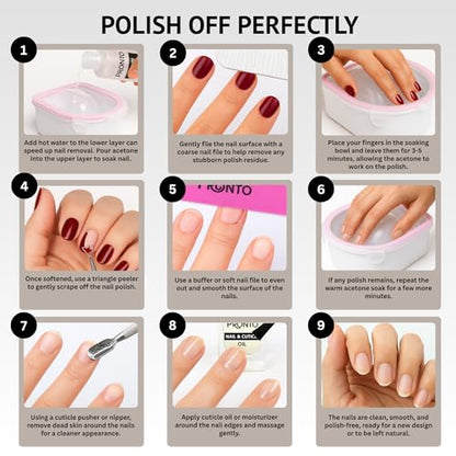 Pronto Gel Nail Polish Remover Kit - 16oz Pure Acetone, Nail Soaking Bowl, Moisturizing Cuticle Oil, Manicure Kit Including Gel Nail Polish Tools, Nail File, Nail Buffer, Cuticle Pusher & Nail Scraper