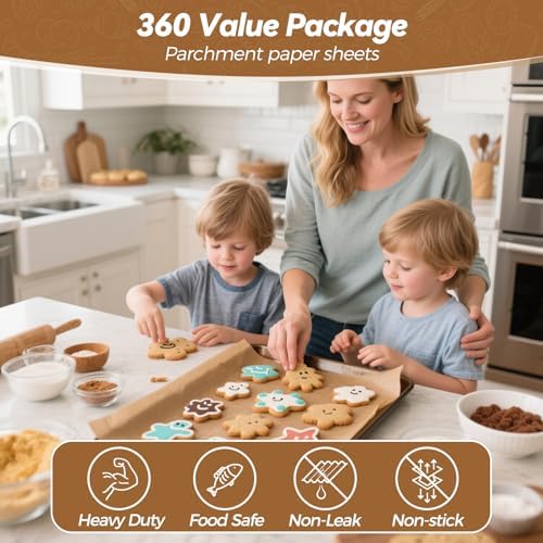 360 Count 12"x 16" Heavy Duty Parchment Paper Sheets for Baking, No-Stick & No-Leak Unbleached Baking Paper, Pre-cut Half Parchment Paper Sheets for Oven, Air Fryer, Microwave