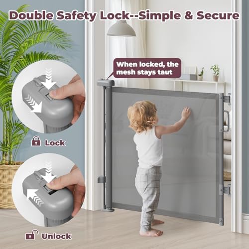 Retractable Baby Gate for Stairs, 55" Wide Mesh Dog Gate Indoor, 34'' Tall Child Gate for Doorways, Hallways, Deck, Indoor Outdoor Pet Baby Safety Essentials for Home, Grey