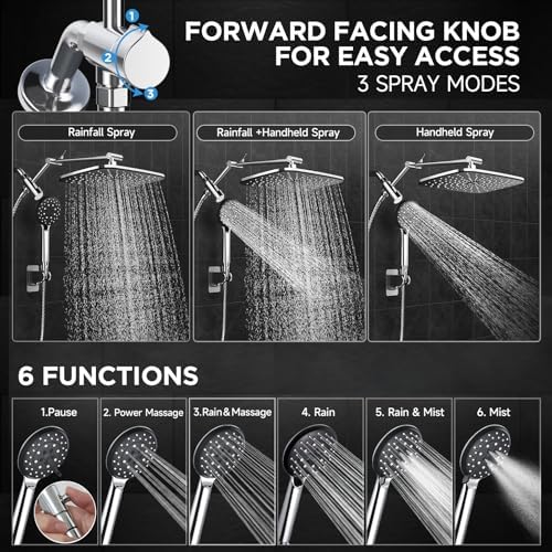 Veken Wide Rain Shower Head with Metal Main Body, High Pressure Showerhead with 6 Mode Handheld Spray Combo for Bathroom Accessories, Home Decor Detachable Dual Shower with Extension Arm,Silver Chrome