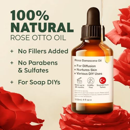 KUKKA Rose Otto Essential Oil for a Calming Retreat Promotes Smooth-Looking Skin with Rose Oil Essential Oil - 4 Fl Oz - Authentic Scent - Non-GMO and Cruelty-Free