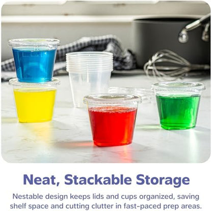GUSTO [5.5 oz. - 100 Count Clear Disposable Plastic Portion Cups with Lids - Soufflé Cups, Jello Shot Cups With Lids, Plastic Containers Perfect for salad Dressing and More- Formerly Comfy Package