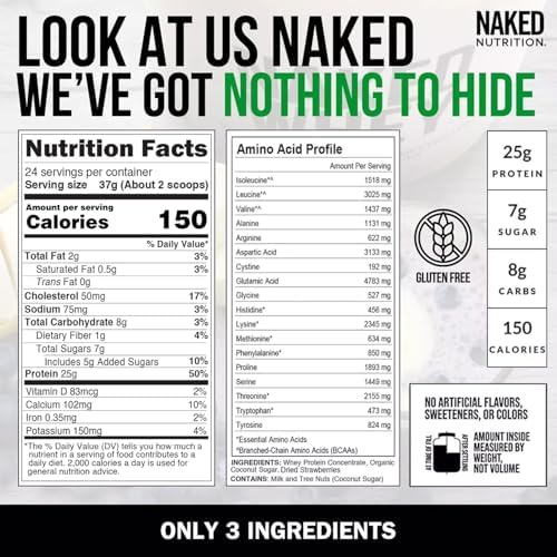 NAKED Strawberry Whey Protein Powder, Only 3 Ingredients, 25g Grass Fed Whey Protein Powder, Aid Muscle Growth & Recovery - 24 Servings