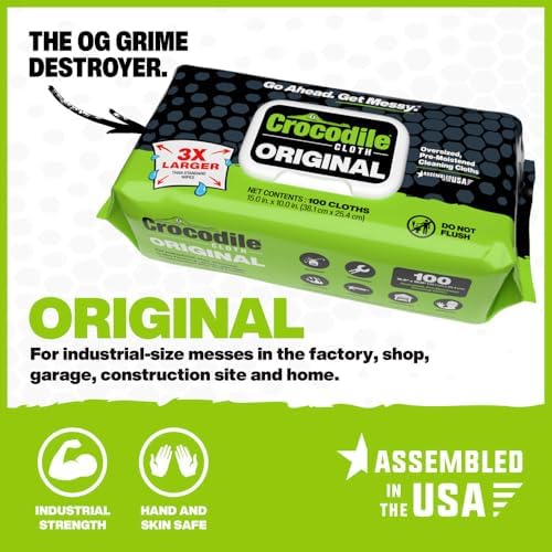 Crocodile Cloth Original Cleaning Wipes – 100 (15” x 10”) Hand & Tool Industrial Cleaning Wipes – Large Multi-Surface Cleaning Cloths, Water-Based Solution with Extreme Cleaning Power — Safe on Skin