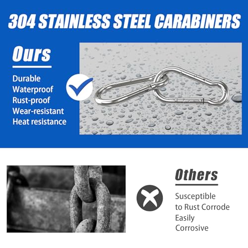 Carabiner Clip Hooks, 10pcs 3.15 inch Carabiners Heavy Duty, 304 Stainless Steel Spring Snap Hook Fits Camping Hiking, Metal Clips for Rope Chain Keys Rings