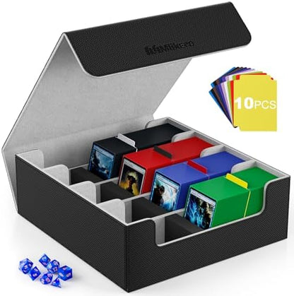Mlikero Card Deck Case, 2400+ Trading Card Storage Box with 10 Colorful Dividers and 4 Foam Stoppers, Leather Magnetic Closure Commander Deck Box Fit for MTG, TCG (4 Rows, Black&Grey)