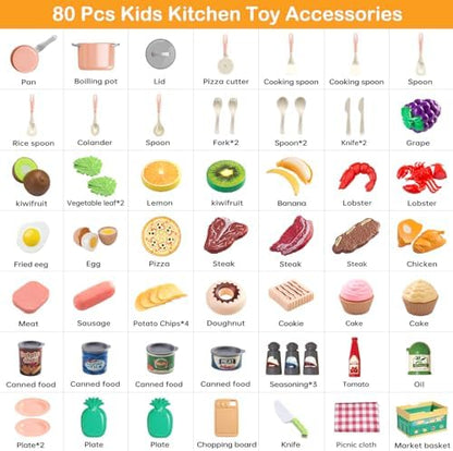 80pcs Pretend Play Kitchen Set for Toddlers, Kids Cookware Playset with Pots/Pans/Food/Fruits/Vegetables/Picnic Blanket/Storage Basket, Pink Educational Learning Toy Gift for Boys & Girls