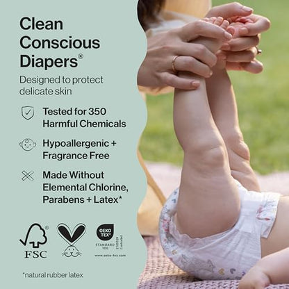The Honest Company Clean Conscious Diapers for Delicate Skin | Up to 100% Leakproof | Hypoallergenic, Fragrance Free | Summer '25 Limited Edition Prints | Club Box, Size 3 (16-28 lbs), 62 Count