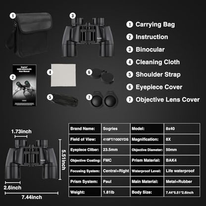 8x40 Binoculars for Adults - HD High Powered Binoculars for Bird Watching, IPX7 Waterproof Fogproof,Fully Multi-Coated BAK4 Prism Optics for Hunting,Travel