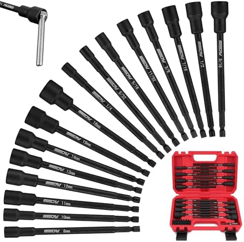 Nut Driver Impact Bit Set - 31-Piece Magnetic Socket Impact Drill Bit Tool Sets Extra Long Hex Nut Setter Driver Holder - Metric SAE Screwdriver Bits 1/4 Drive Shank Adapter Extension