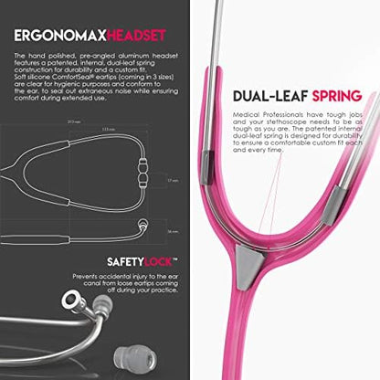 MDF Instruments, Acoustica Lightweight Stethoscope for Doctors, Nurses, Students, Home Health Use, Adult, Dual Head, Fuchsia Tube, Silver Chestpiece-Headset, MDF747XP32