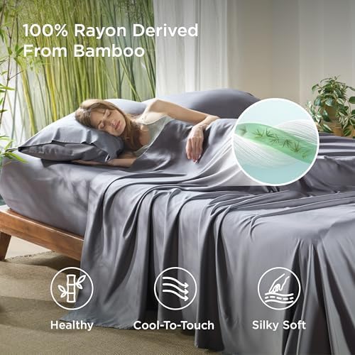 Bedsure Queen Sheet Set, Cooling Sheets for Queen Size Bed Set, Rayon Derived from Bamboo, Breathable & Soft, Deep Pocket Up to 16 Inches, Hotel Luxury Silky Bedding for Hot Sleepers, Dark Grey