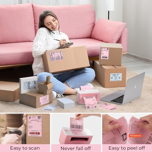 MUNBYN 4"x6" Pink Direct Thermal Shipping Labels, Commercial Grade Permanent Adhesive Fanfold Mailing Postage Label Paper for Thermal Printers and Packages, 500 Sheets per Stack