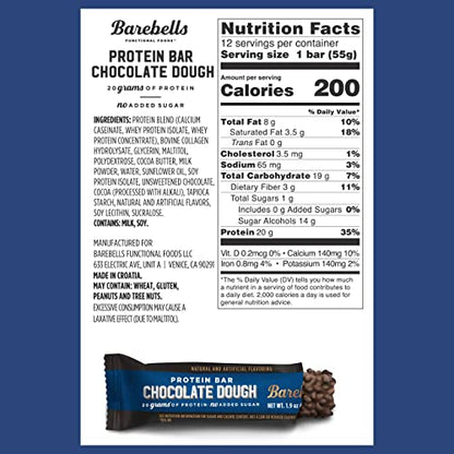 Barebells Protein Bars Chocolate Dough - 12 Count, 20g High Protein Treats - Chocolate Nutrition Bar with 1g Total Sugars - On-The-Go Breakfast or Post-Workout Snack