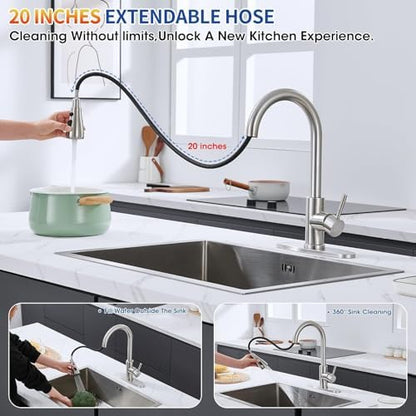 Kitchen Faucets with Pull Down Sprayer, High Arc Single Handle Stainless Steel Commercial Kitchen Faucet 1 or 3 Hole Sink Faucet for Farmhouse Camper Laundry Rv Bar, Brushed Nickel