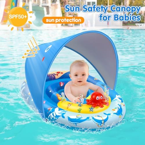 EZIGO Baby Pool Float with Canopy UPF50+ Sun Protection, Inflatable Kids Pool Floats with Ocean Animal Toys for Baby 6-36 Months, Infant Swimming Float with Adjustable Safety Seat for Boys Girls