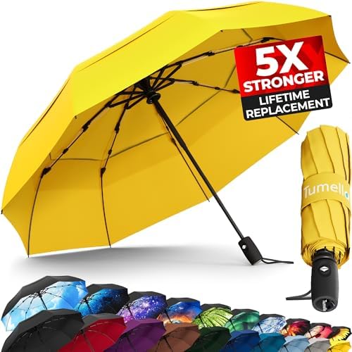 TUMELLA Strongest Windproof Travel Umbrella (Compact, Superior & Beautiful), Small Strong but Light Portable and Automatic Folding Rain Umbrella, Durable Premium Grip, Fits Car & Backpack