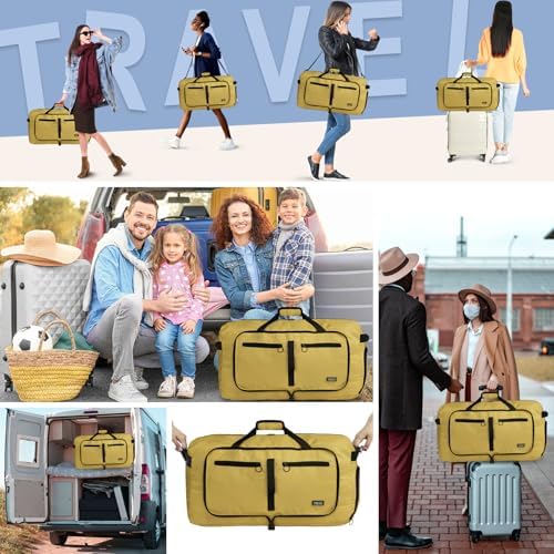 Fmeida 65L Duffle Bag with Shoes Compartment, Foldable Travel Duffel Bags for Men Women, Large Packable Travel Bag Water Repellent & Tear Resistant (Brown)