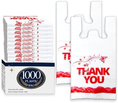1000PCS White “Thank You” T-Shirt Bags – Reusable & Disposable Grocery and Supermarket Shopping Bags, 11"x6"x21"