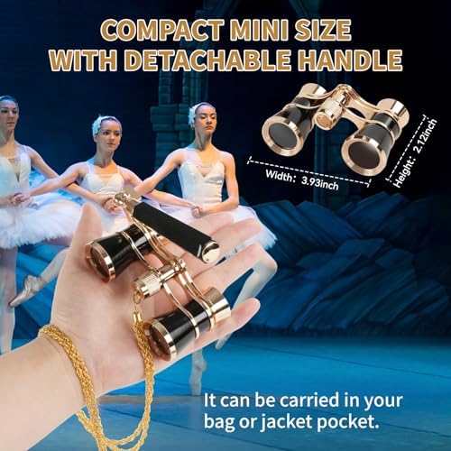 3X25 Opera Glasses for Women with Adjustable Handle & Chain,BK7 Optical Lens, Vintage Compact Mini Theater Binoculars Adults Kids in Opera Musical Concert-Black