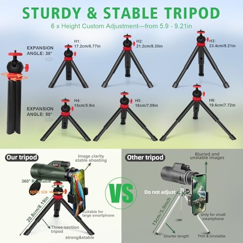 12x60 HD Monocular Telescope for Adults with Smartphone Adapter Tripod Hand Strap - High Power Monoculars Equipped with Large BAK4 Prism & FMC Lens - Suitable for Bird Watching Sports Hiking Traveling